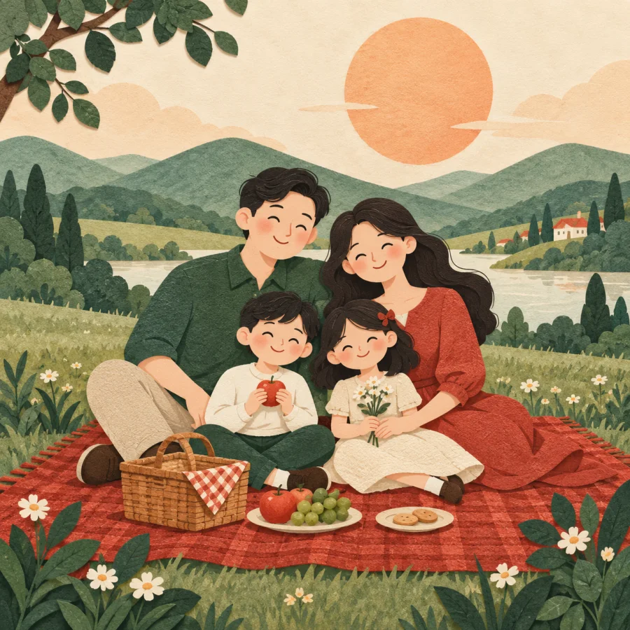 A family picnicking under bright sunshine
