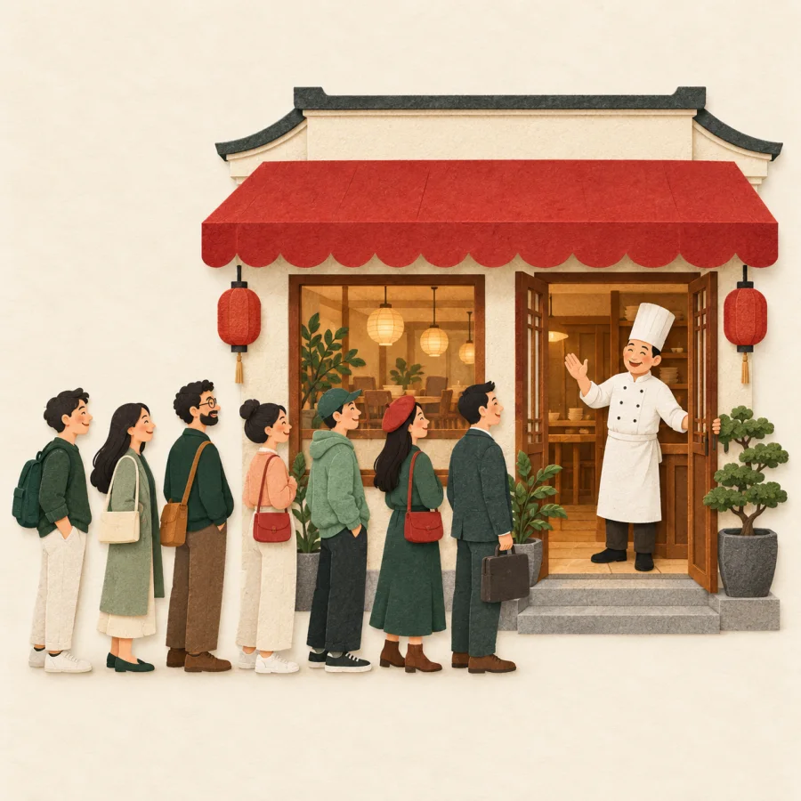 A line of people outside a popular restaurant