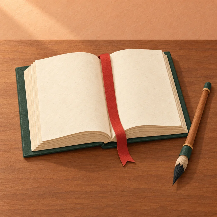 An open book with a red bookmark on a desk