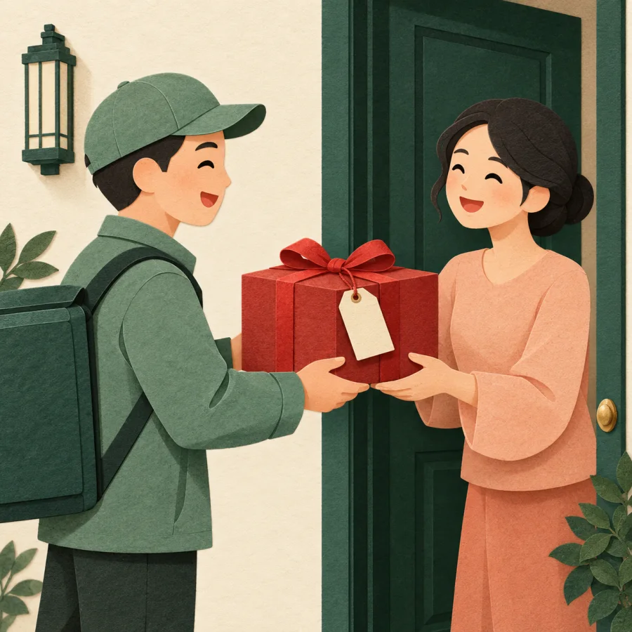 A courier handing a gift box to a person at a door