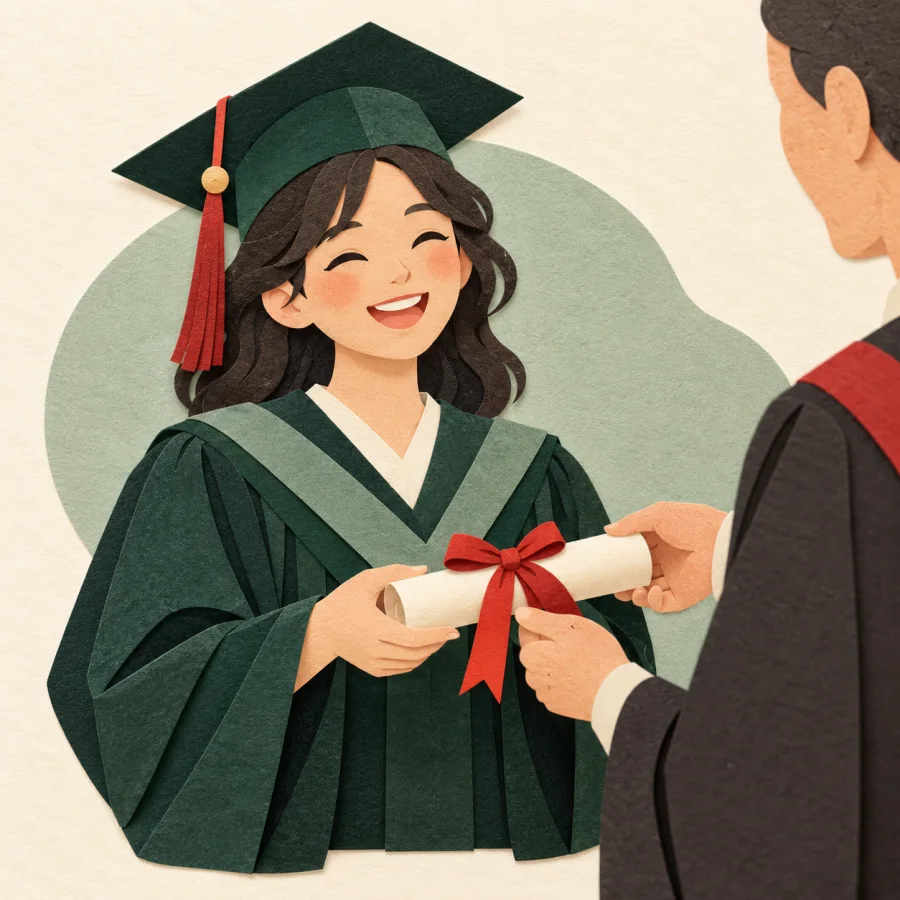 A person in a gown receiving a scroll with a red ribbon