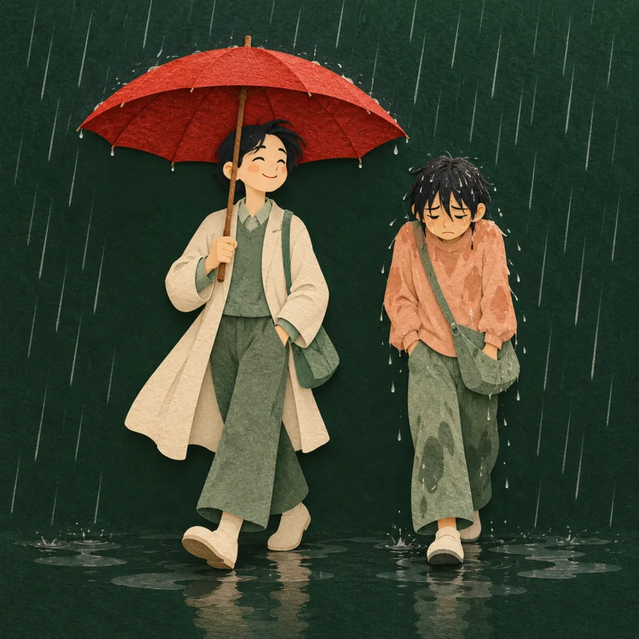 A person with a red umbrella walking in the rain