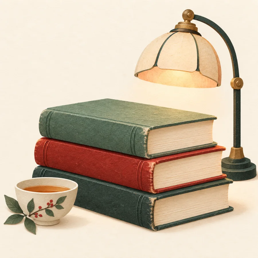 A stack of old thick books and a cup of tea