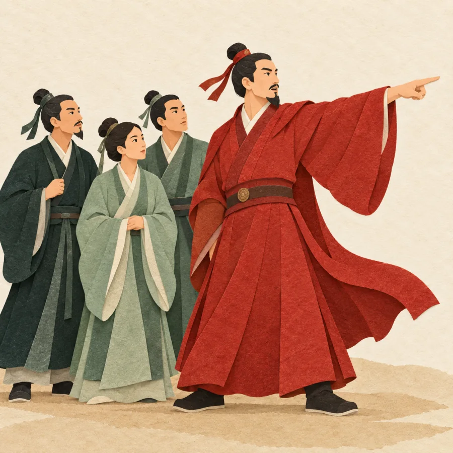 A person pointing and giving an order to a group