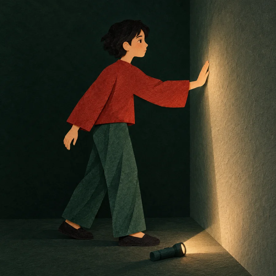 A person feeling along a wall in a dark room