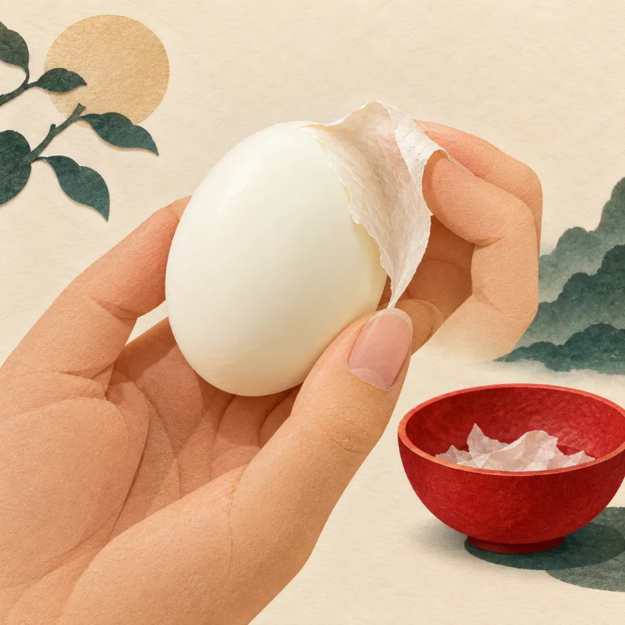 A peeled egg with a thin skin peeling away
