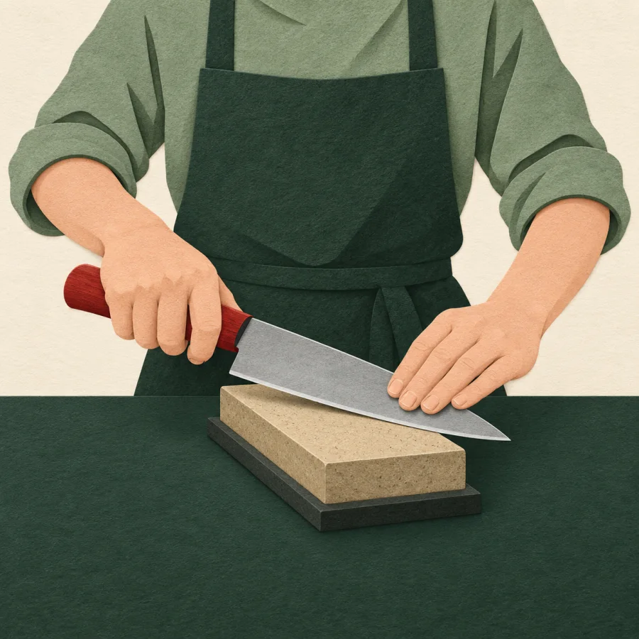 A person sharpening a knife on a whetstone