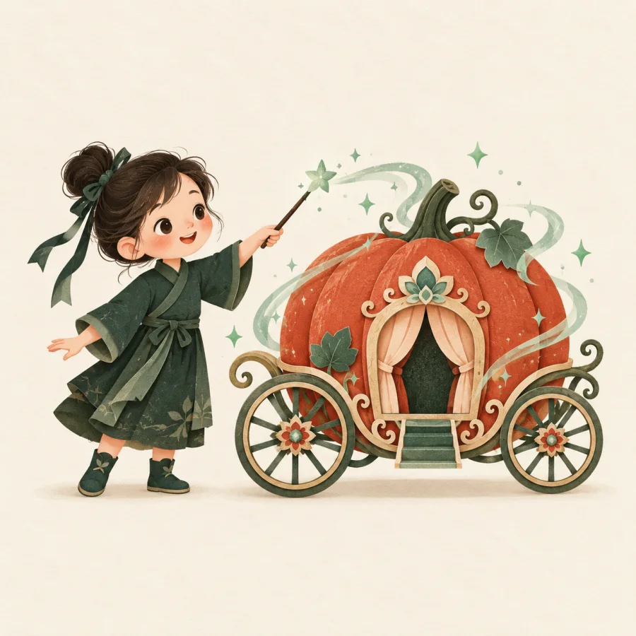 A child with a magic wand casting a spell on a pumpkin