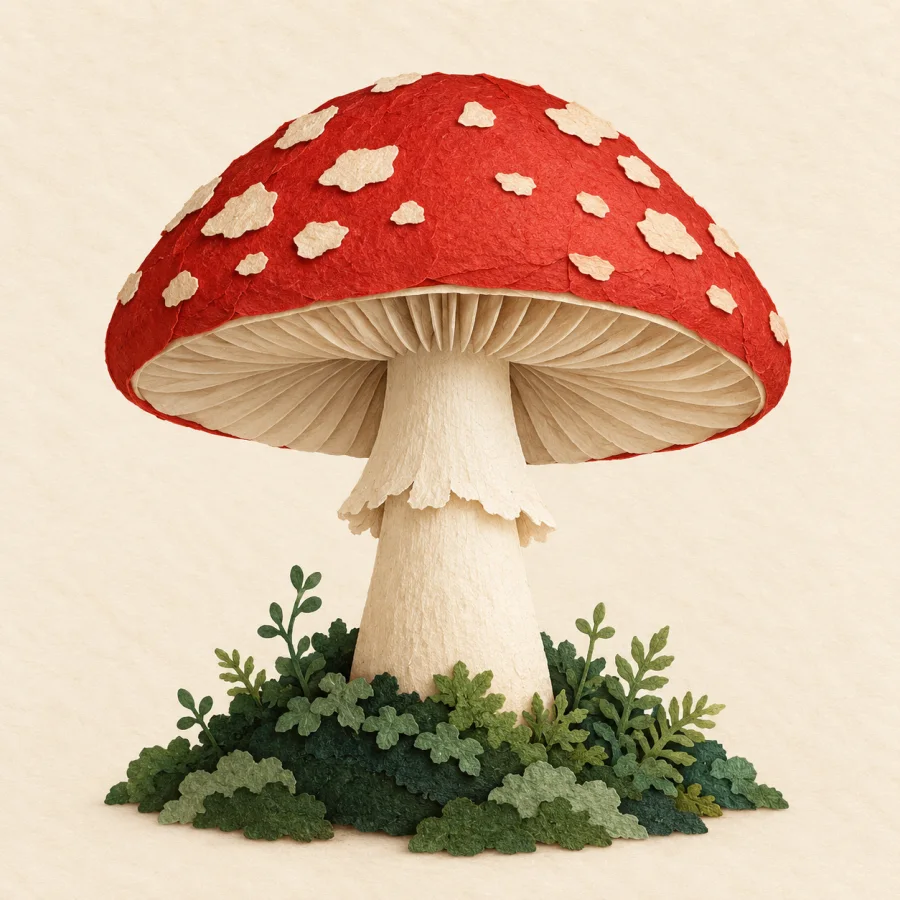 A red mushroom on green moss