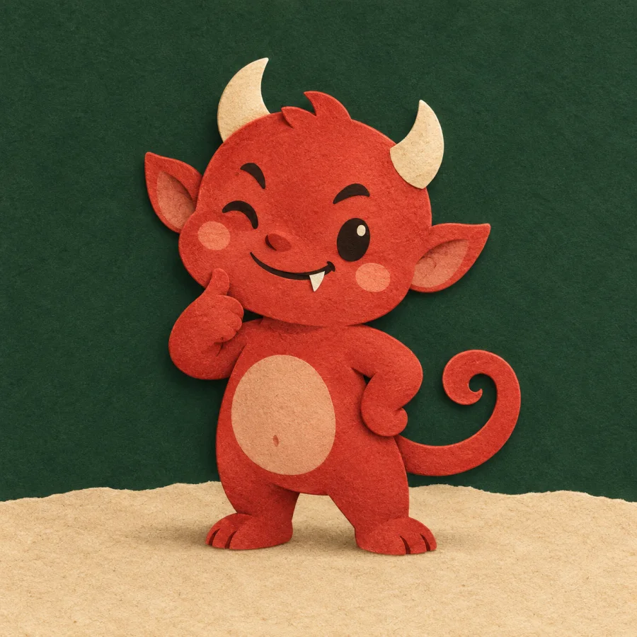 A little red imp with horns and a tail