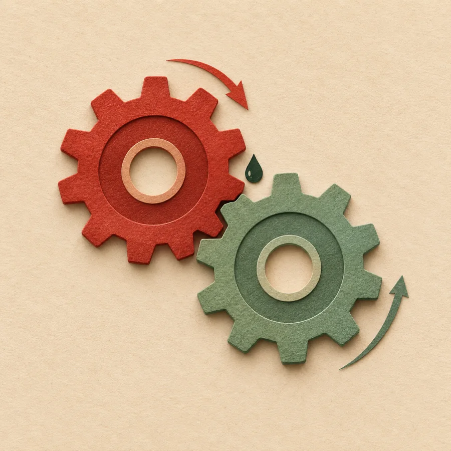 A red and a green gear turning together