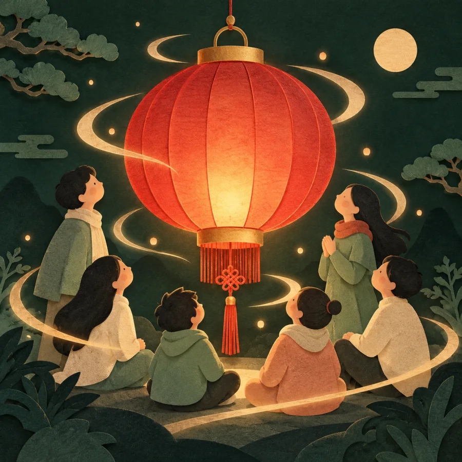 People gathered around a glowing red lantern
