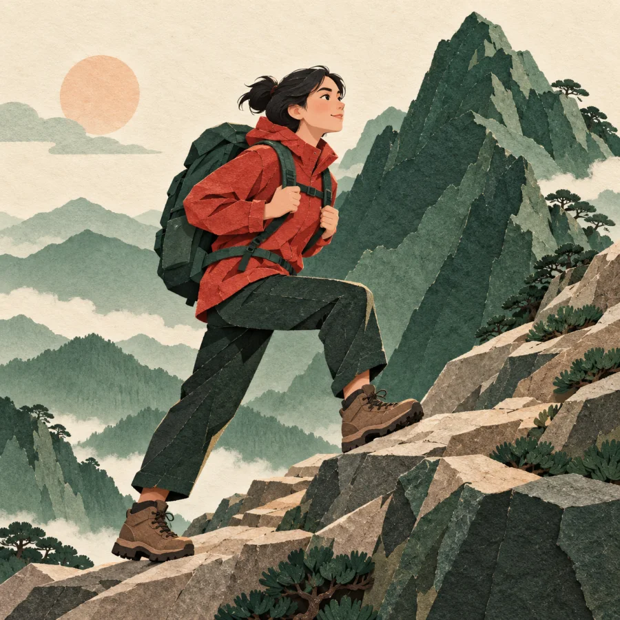A person with a backpack climbing a steep trail
