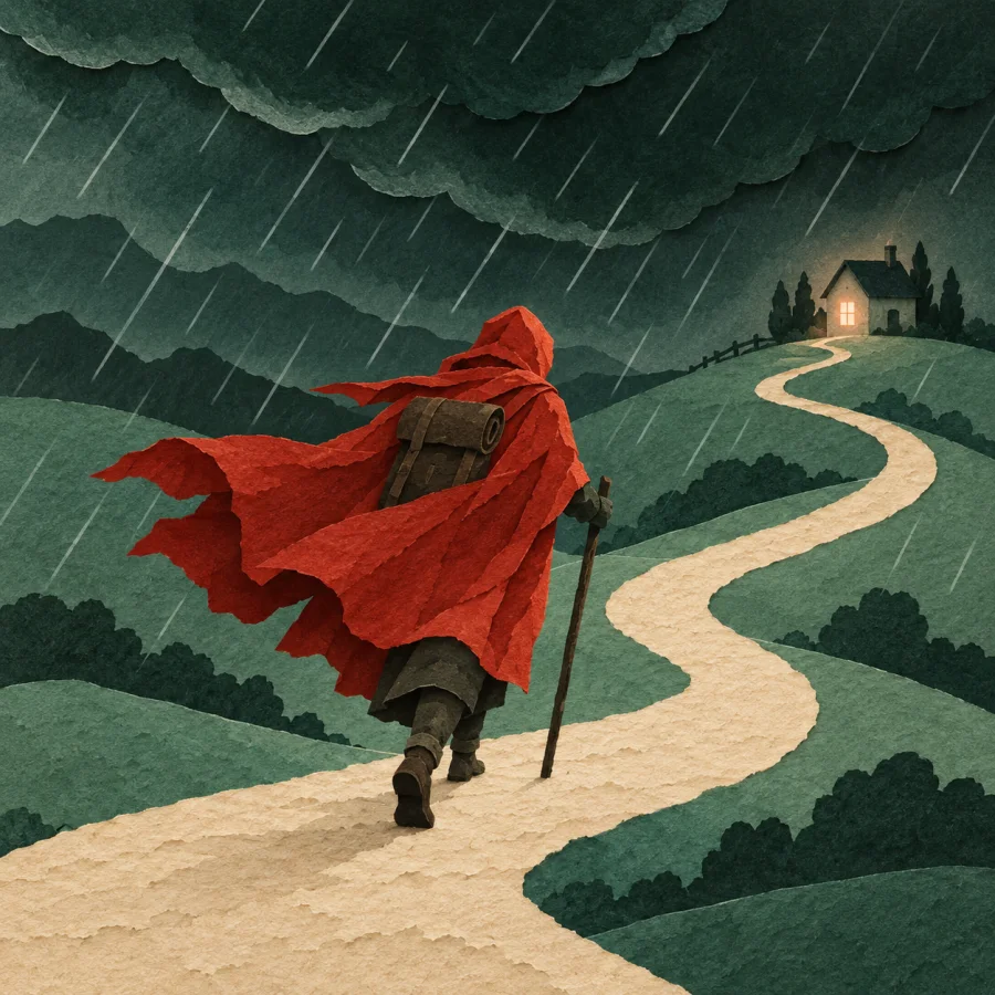 A traveler walking through rain and wind toward a cottage