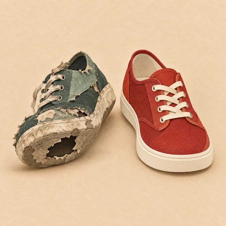 A worn shoe with a hole beside a new one