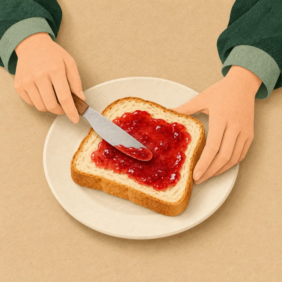 A person spreading red jam on bread