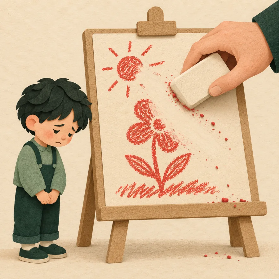 A hand erasing a child's drawing from a board
