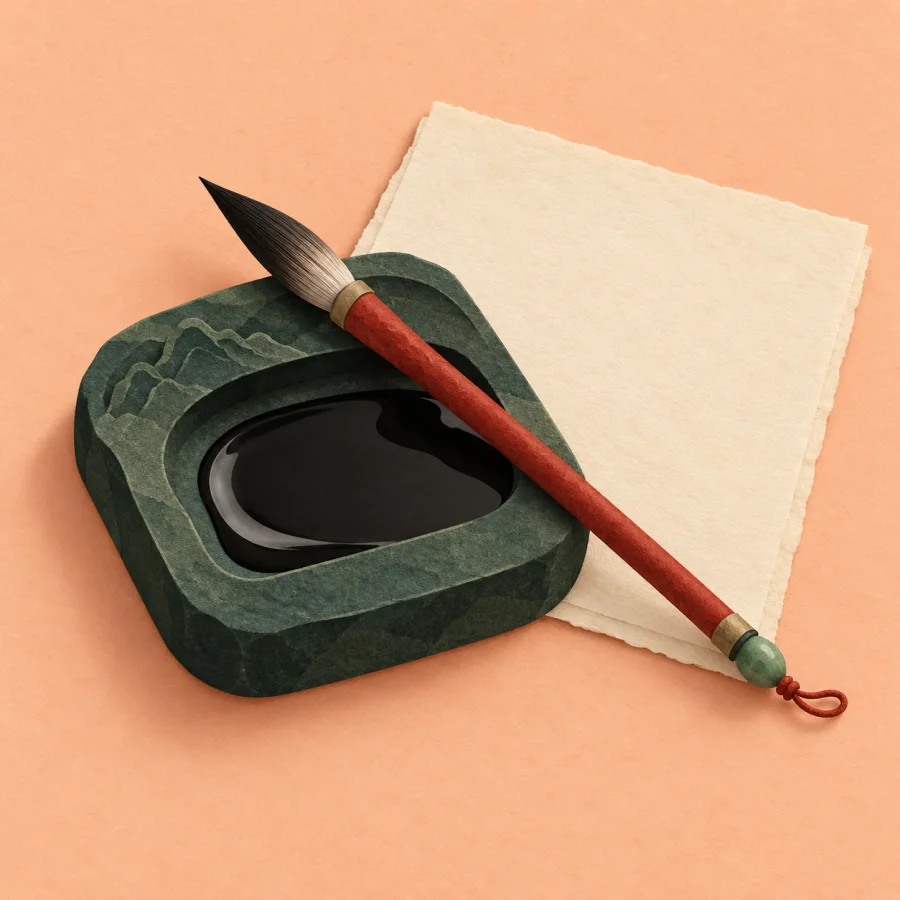 A brush resting on an inkstone with dark ink