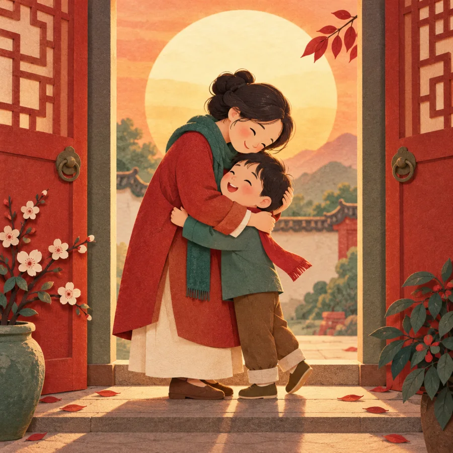 A parent hugging a child at a door under a big sun