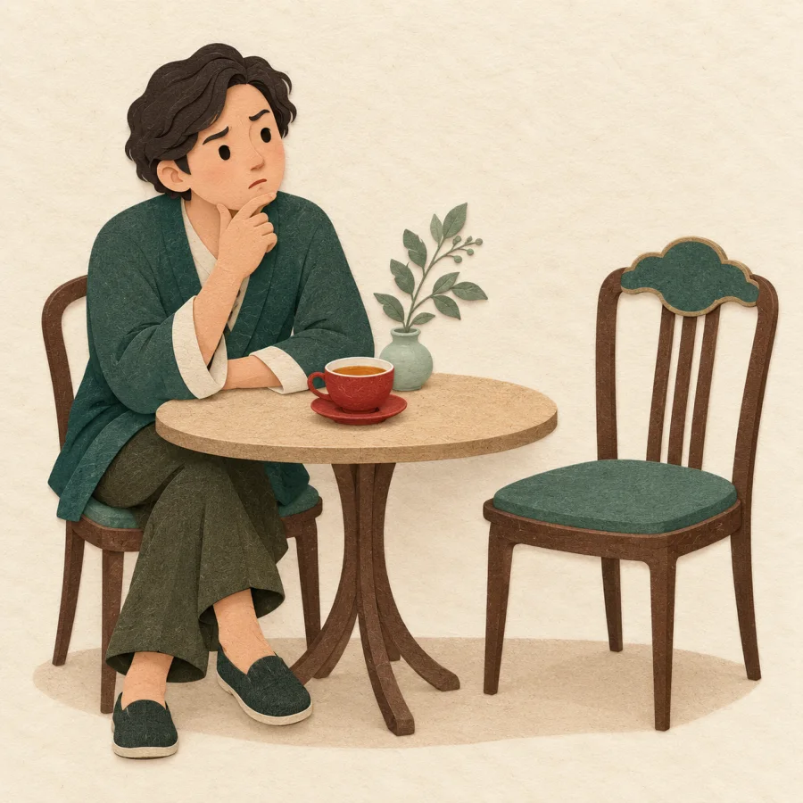 A puzzled person looking at an empty chair