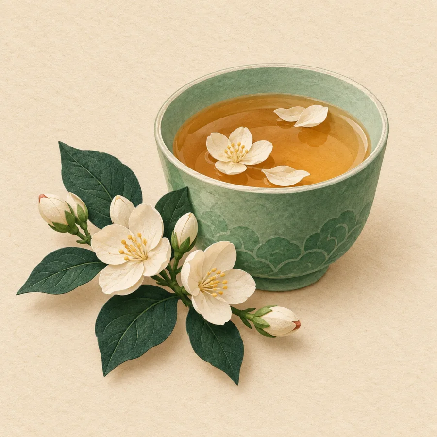 A jasmine branch beside a cup of tea