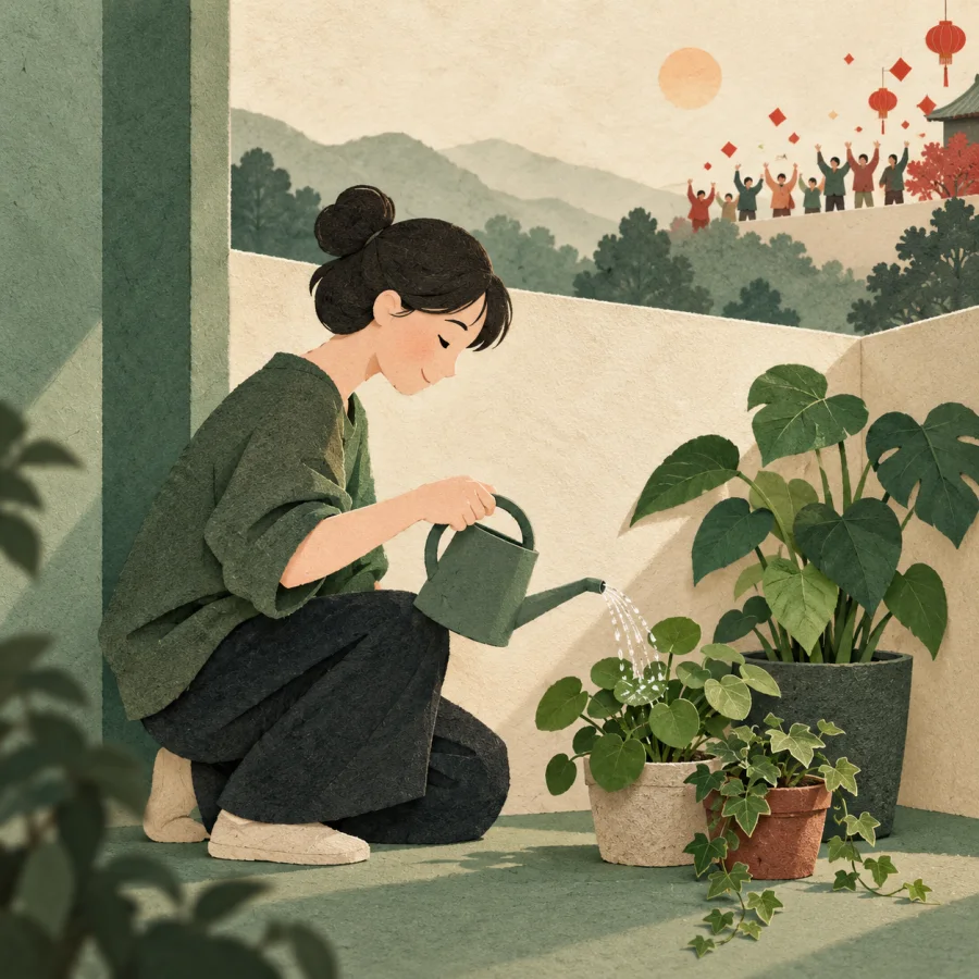 A person quietly watering plants away from a crowd