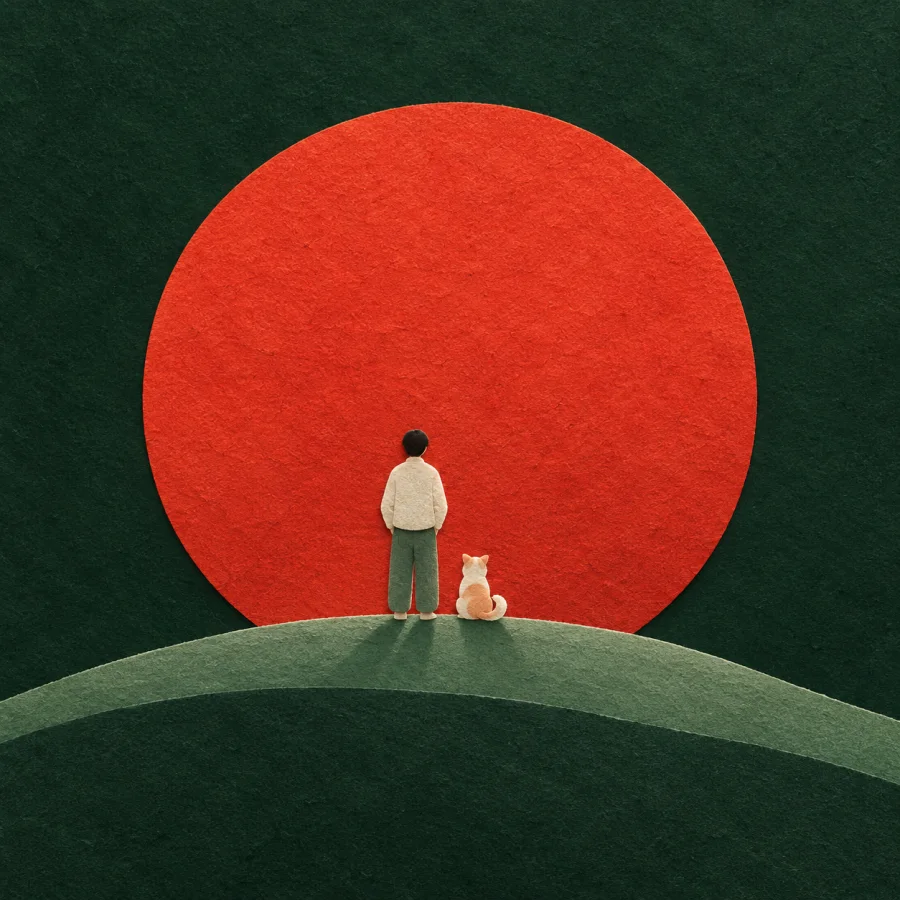 A person and a dog looking at a huge red sun