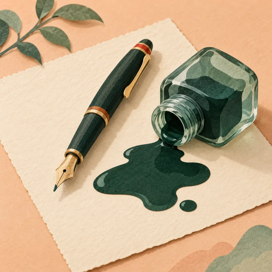A tipped ink bottle beside a pen