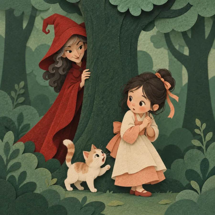 A witch peeking from behind a tree as a kitten warns a girl