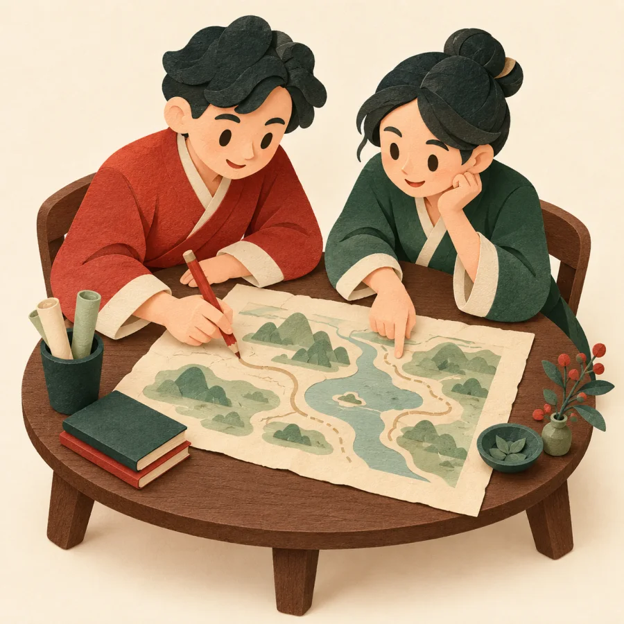 Two people leaning over a table making a plan