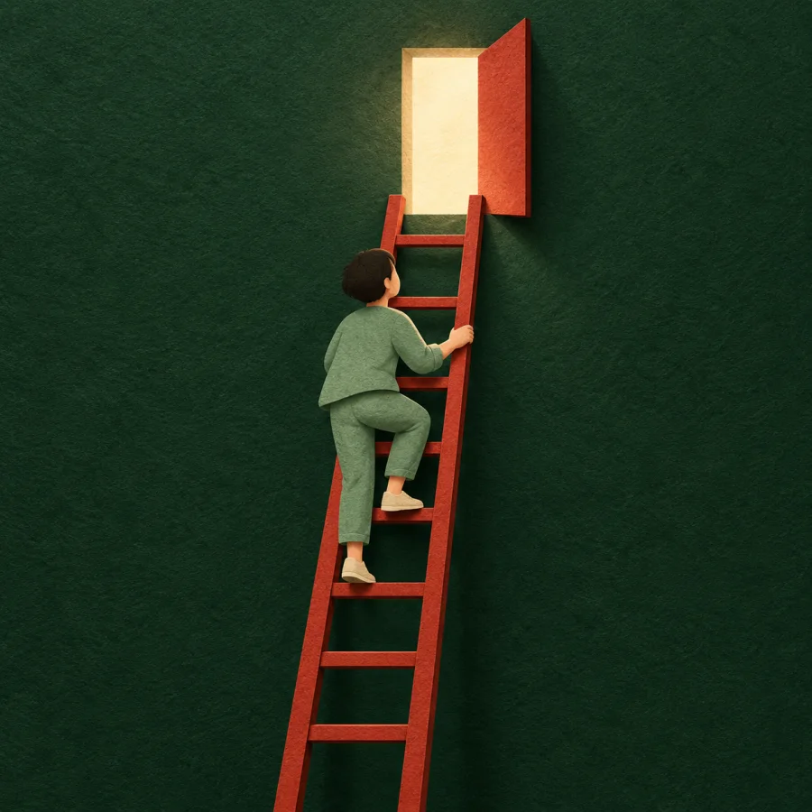 A person climbing a ladder toward a glowing door