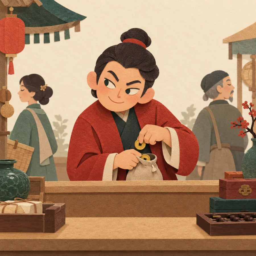 A sly person hiding coins in a sack behind a counter