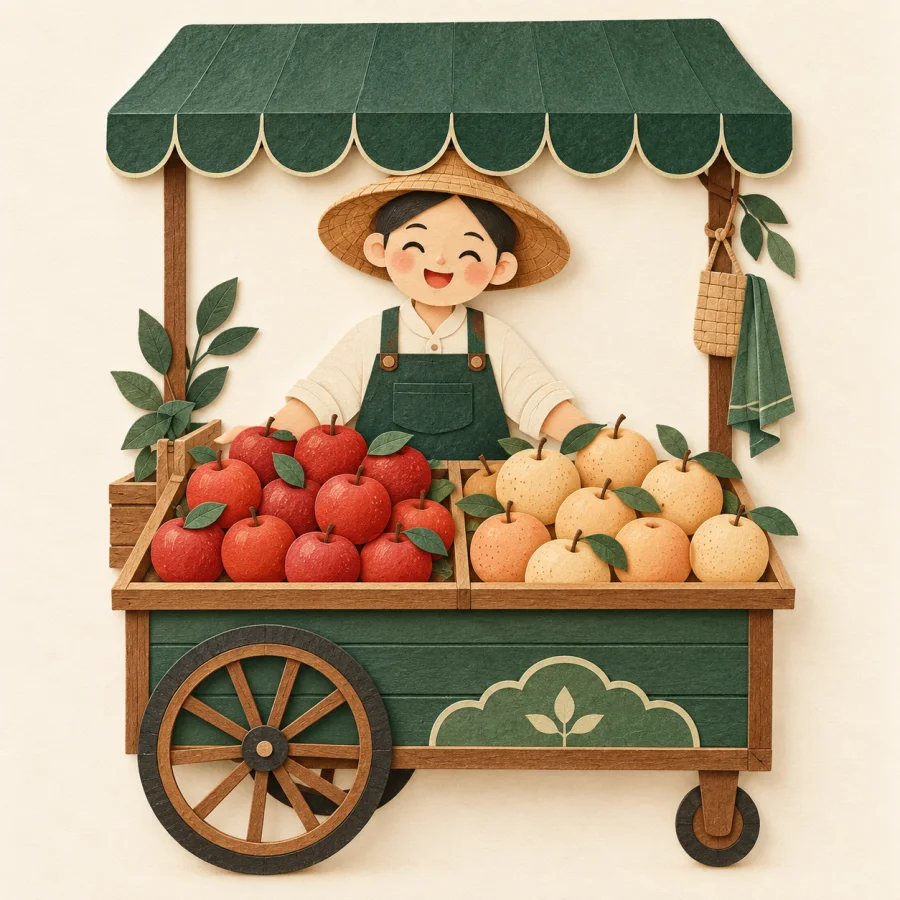 A street vendor with a cart of fruit