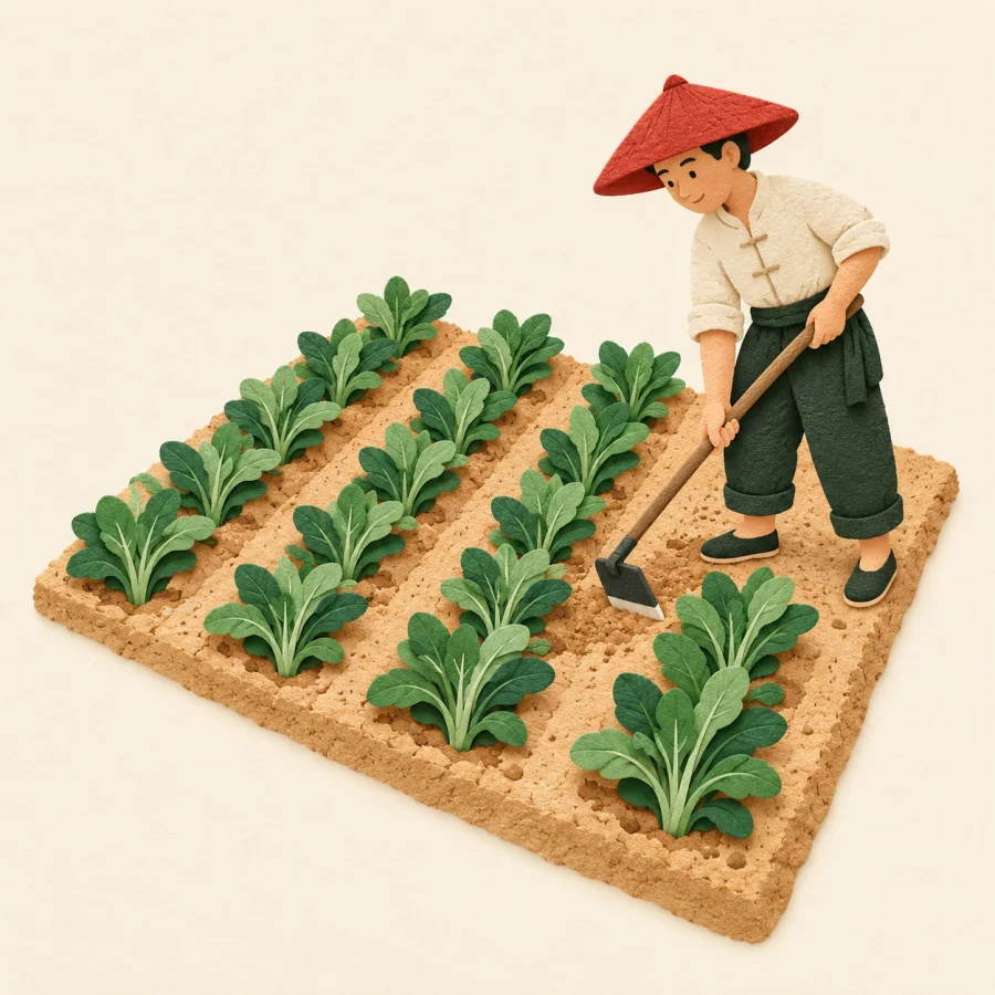 A farmer standing beside a small field of crop rows