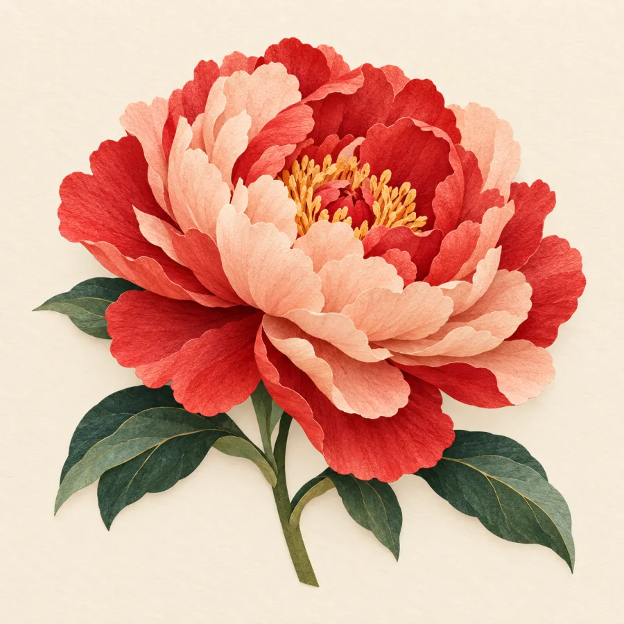 A large pink peony with green leaves