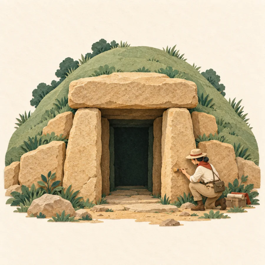 A stone entrance to an ancient tomb on a hill