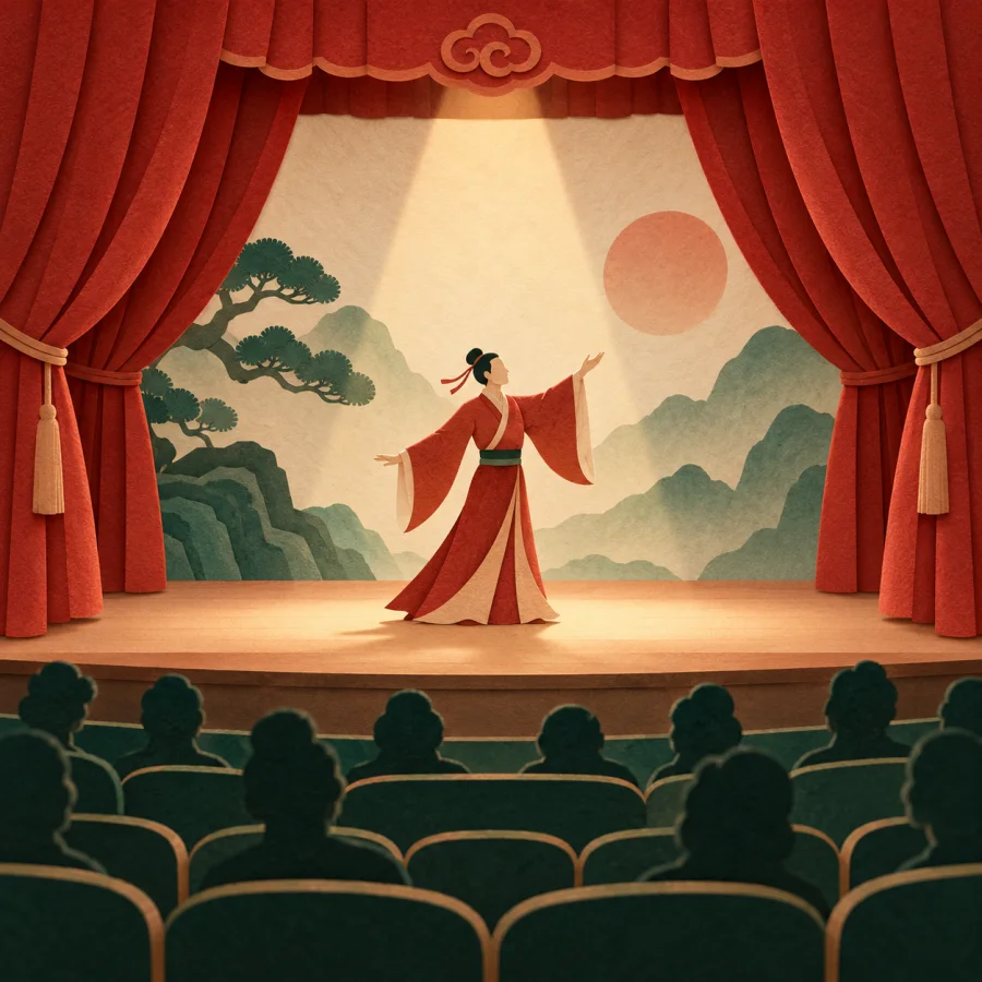An actor on a stage with red curtains drawn open
