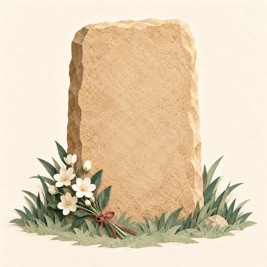 A stone slab with a bunch of white flowers at its base
