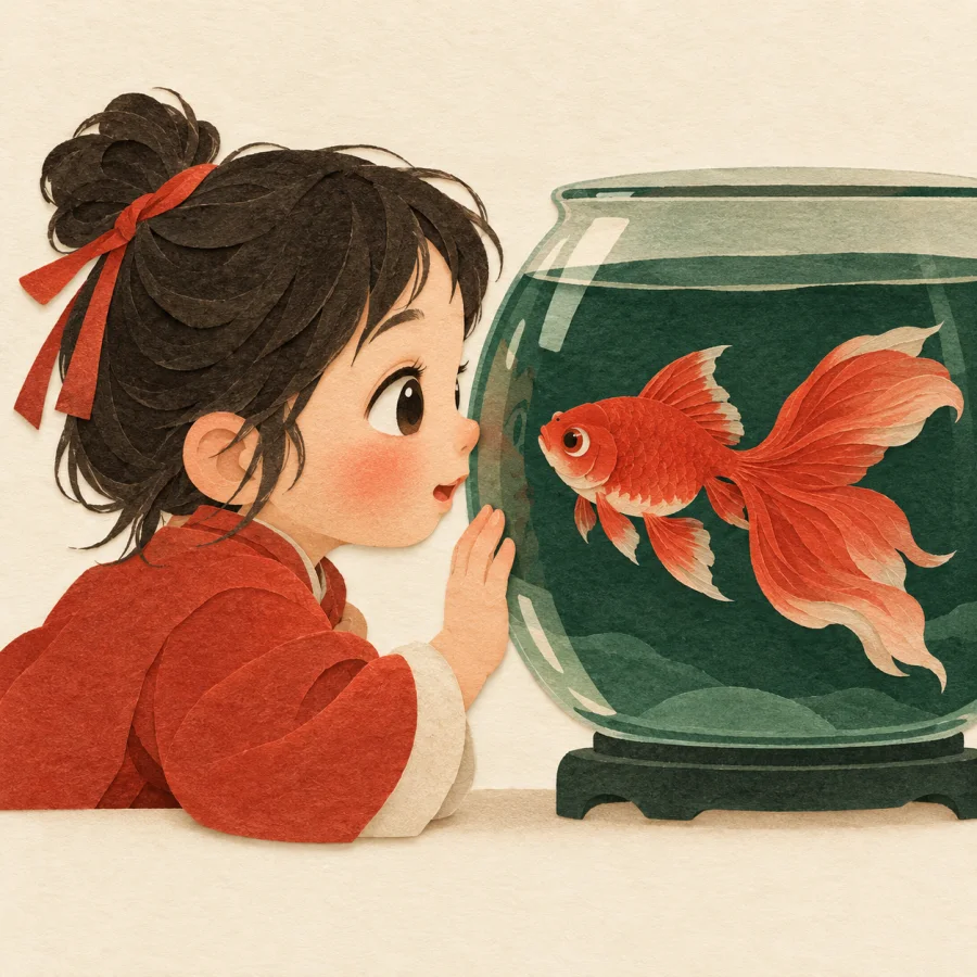 A child staring closely at a goldfish
