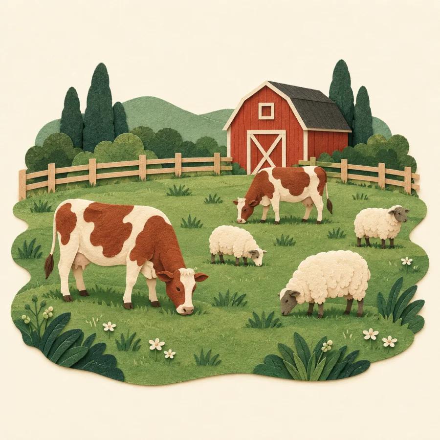 Cows and sheep grazing on a green pasture