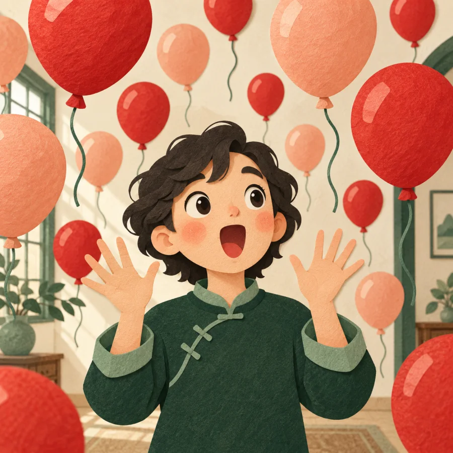 A person with an open mouth staring at balloons