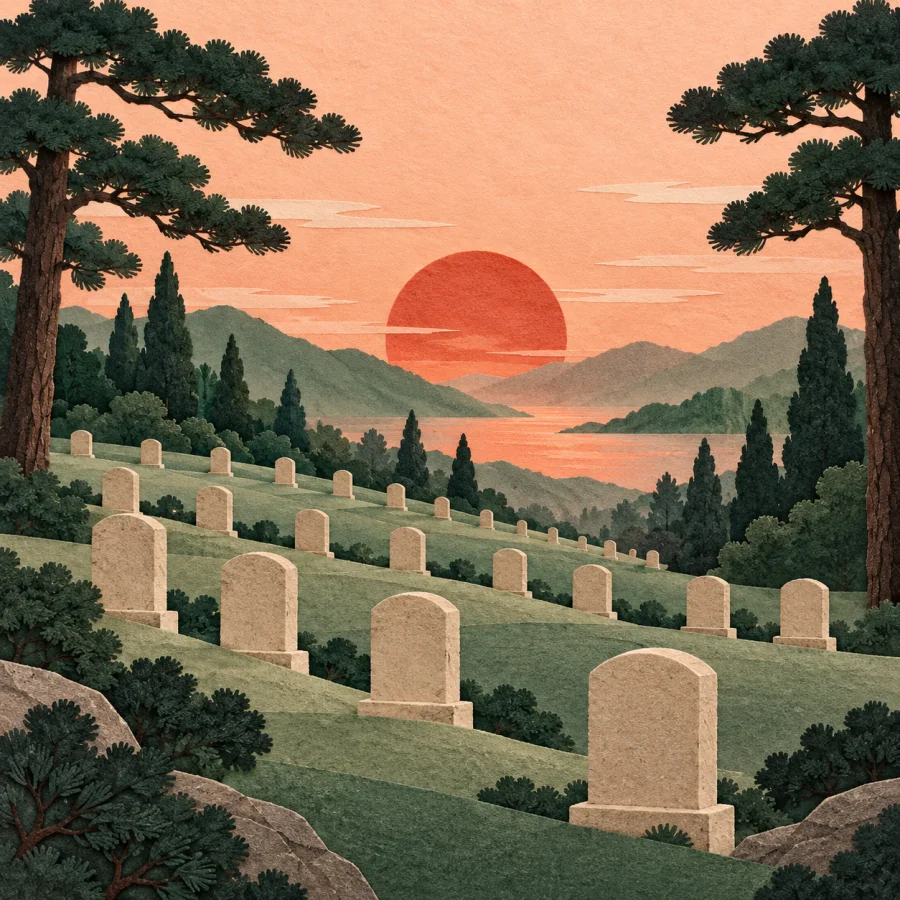 A quiet cemetery among pines on a slope