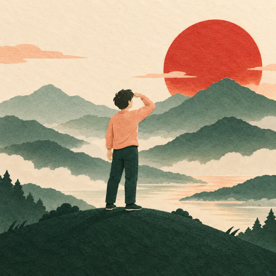 A person watching the sun rise over mountains