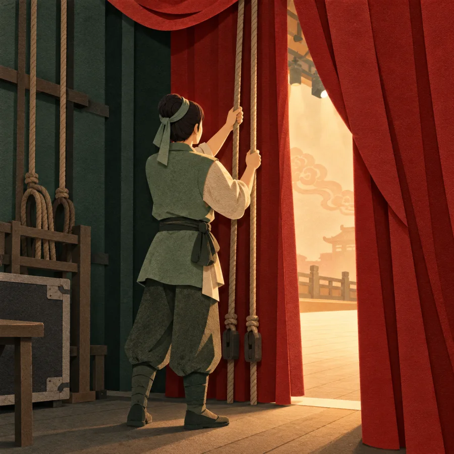 A worker behind a red curtain preparing the stage