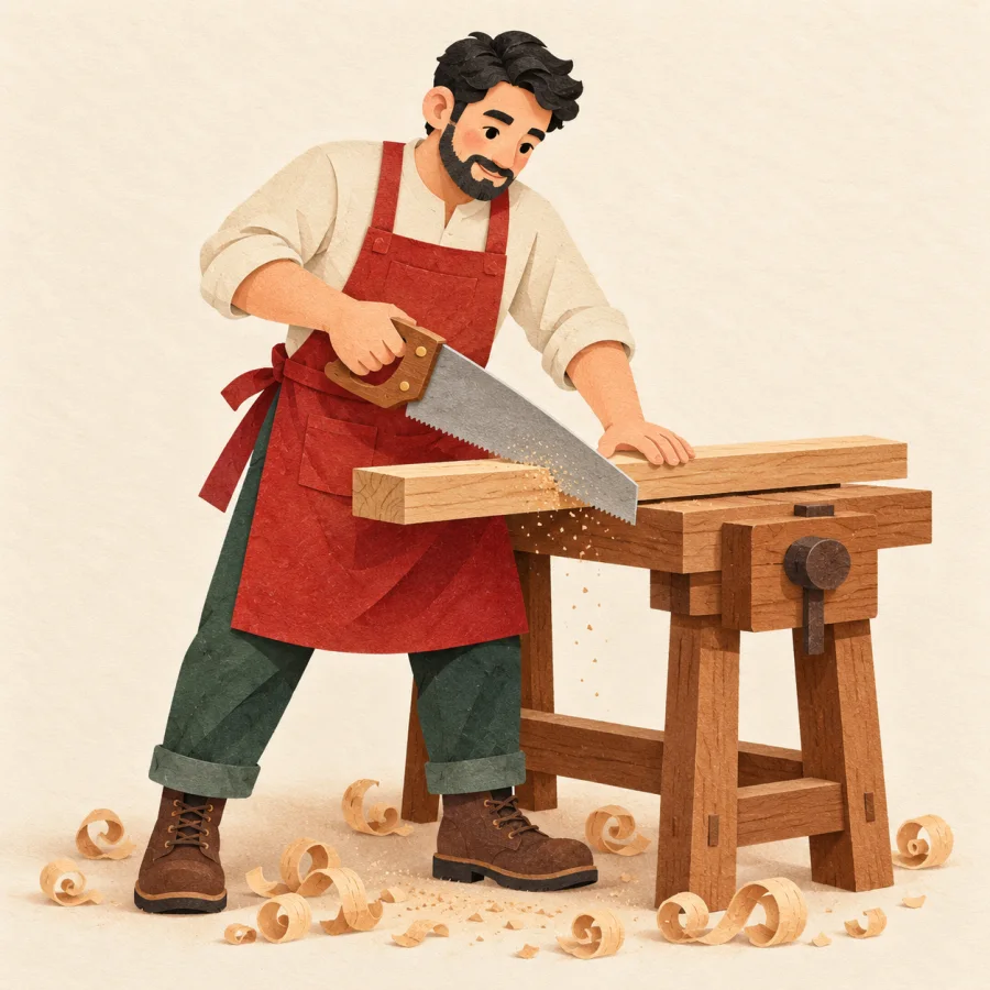 A carpenter sawing a plank on a workbench