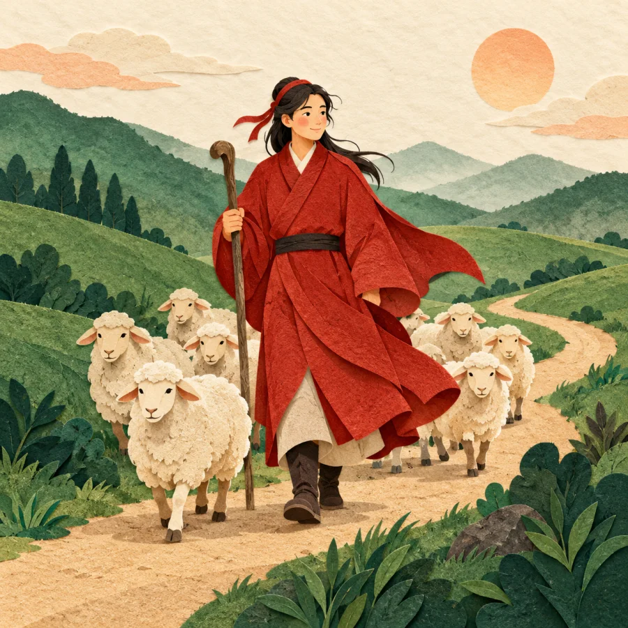 A herder leading a flock of sheep along a slope