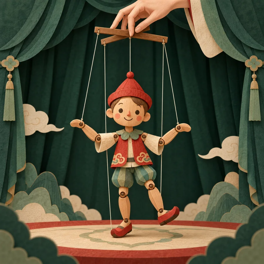 A wooden puppet on strings held by a hand