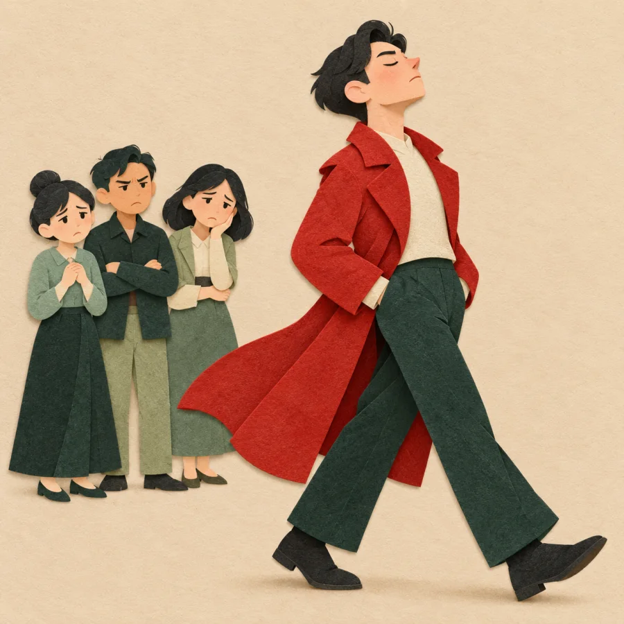 A person with their nose in the air walking past others