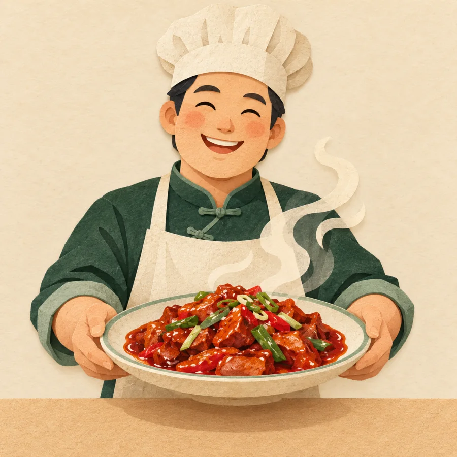 A smiling cook serving a dish with red sauce
