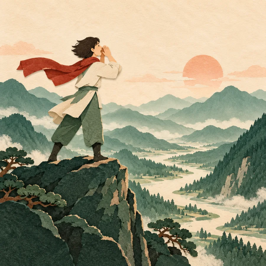 A person on a summit shouting into a valley